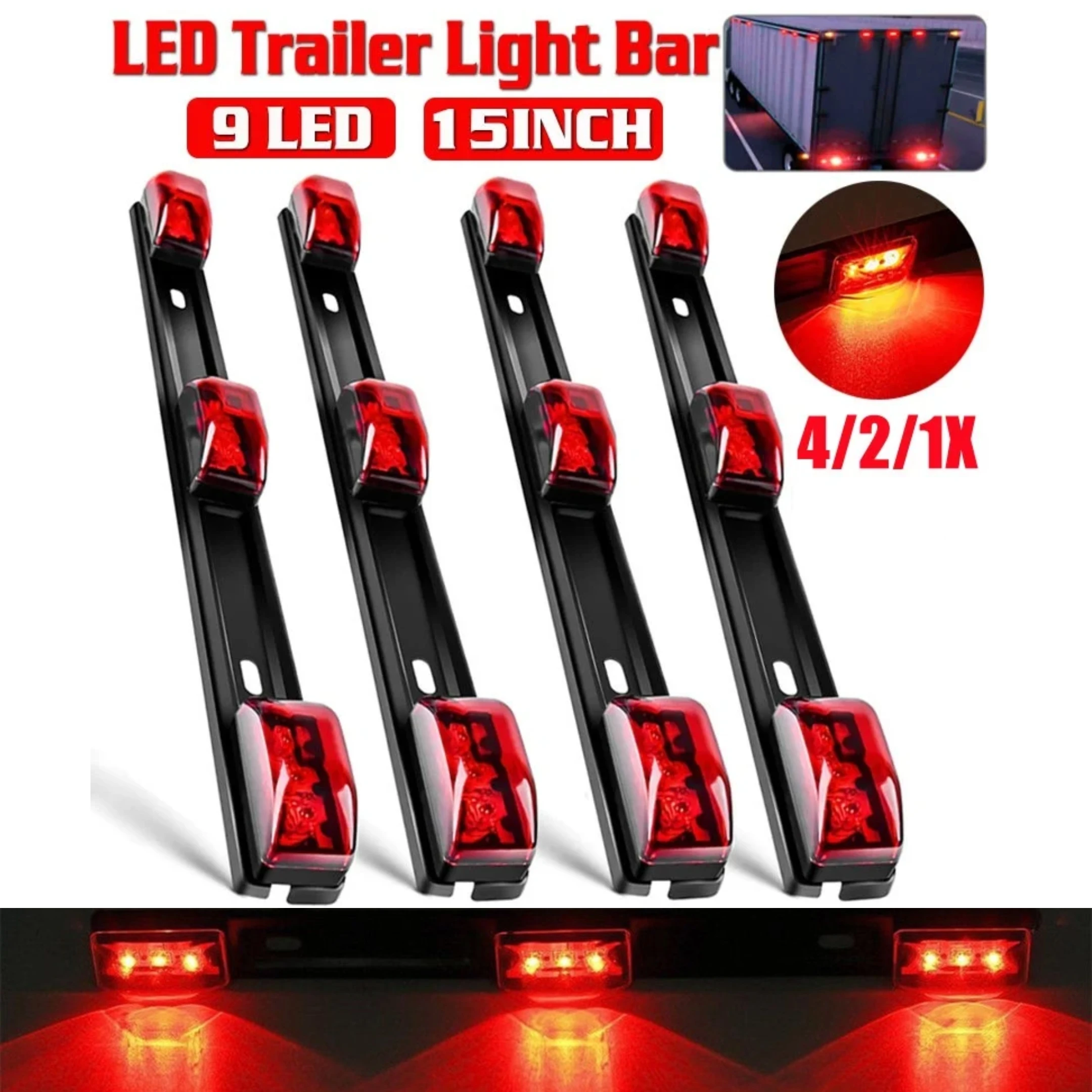 4/2X 15inch Red Trailer Light Bar 3 Light 9LED Clearance ID Bar Marker Tail Light for Truck Trailer Boat Identification Light