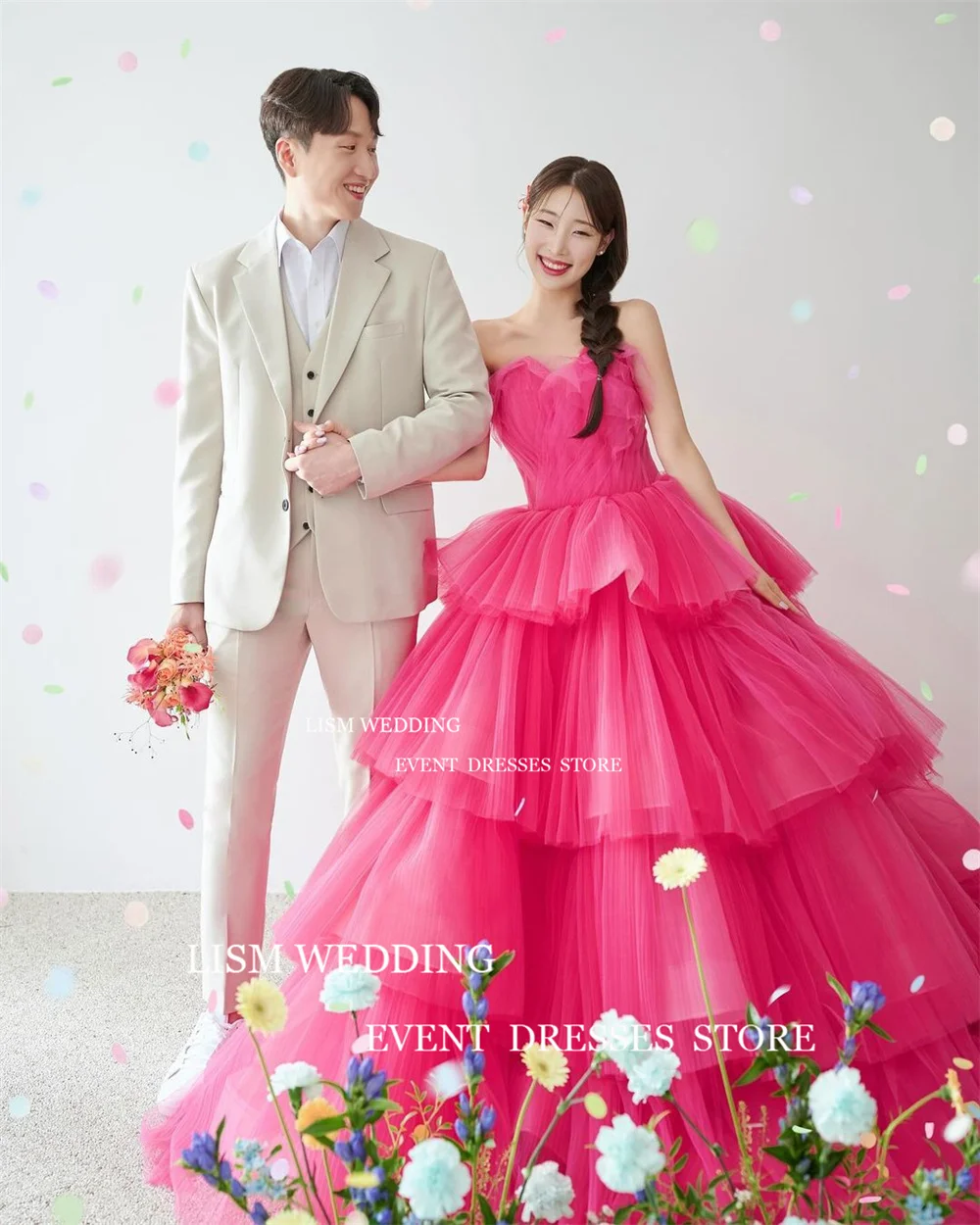 LISM gaun malam Korea Rose Red A Line, pemotretan foto Ruffles peri Tulle terbungkus Tiered pernikahan Prom Formal gaun acara 2024