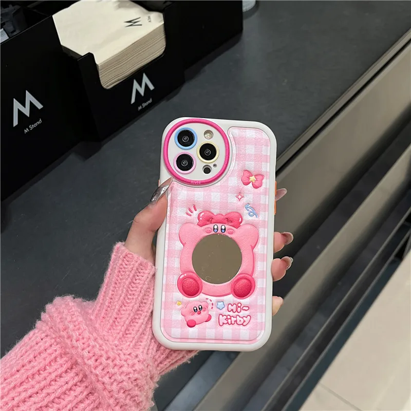 

Pink Cute Cartoon K-Kirby Emboss Mirror Phone Case For iPhone 15 14 13 12 11 Pro Max 15Plus Japan Soft Leather Cover