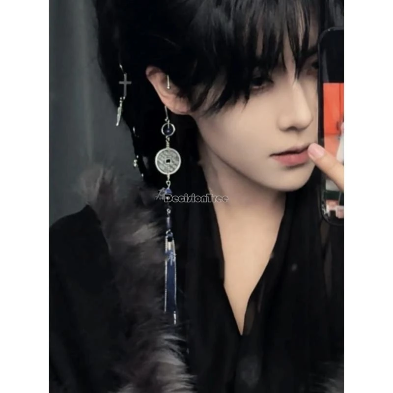 2025 new chinese improved retro fashion style copper coin element long tassel ear pendant women men hanfu accessory earrings
