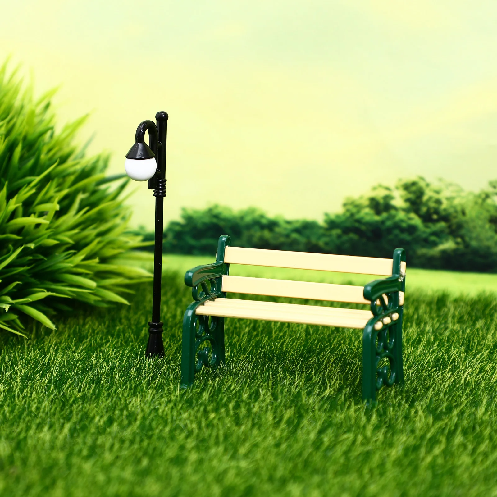 

1 set Bench Miniature Garden Decor Supplies Realistic Alloy Mini Dollhouse Furniture Street Lamp Post Props