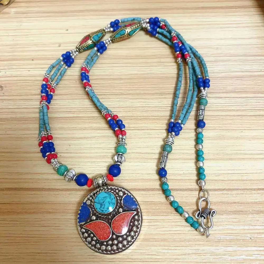 NK239 Nepal Jewelry Colorful Stone Oval or Round Pendant Necklace Ethnic Tibetan Lapis Coral Beaded Women Necklace