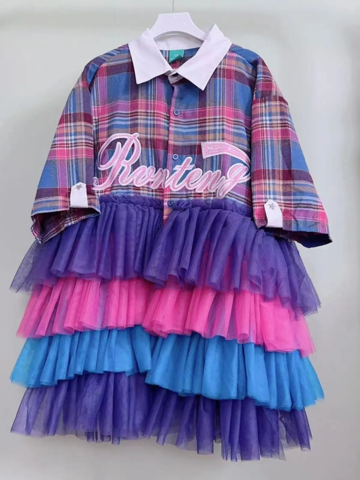 高級ラインストーンチェック柄プリントメッシュフリルシャツドレスコントラストカラーガーゼ多層シャーリングブラウスドレス半袖Tシャツ