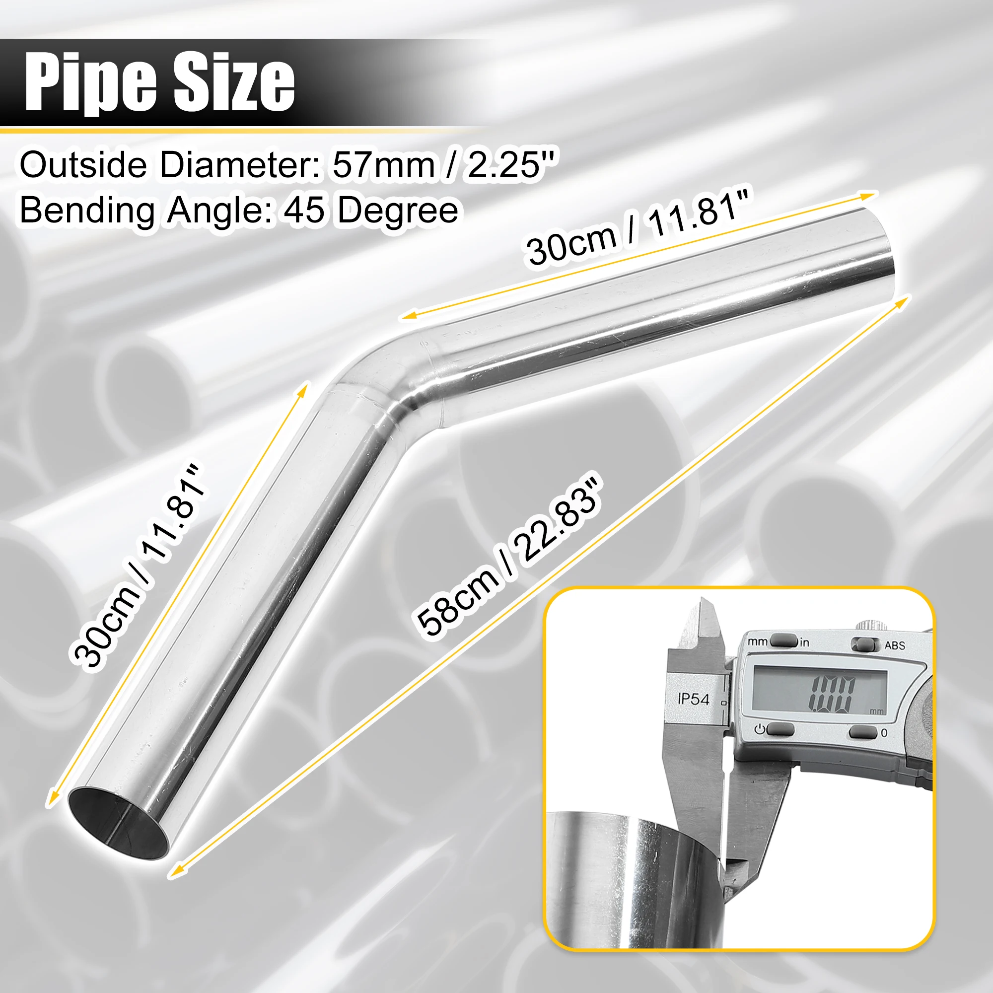 Uxcell-Custom aço inoxidável Mandril Tubo de escape, 45 graus Curva, DIY Tubo Tubo, OD 51 milímetros 57 milímetros 63 milímetros 76 milímetros 89