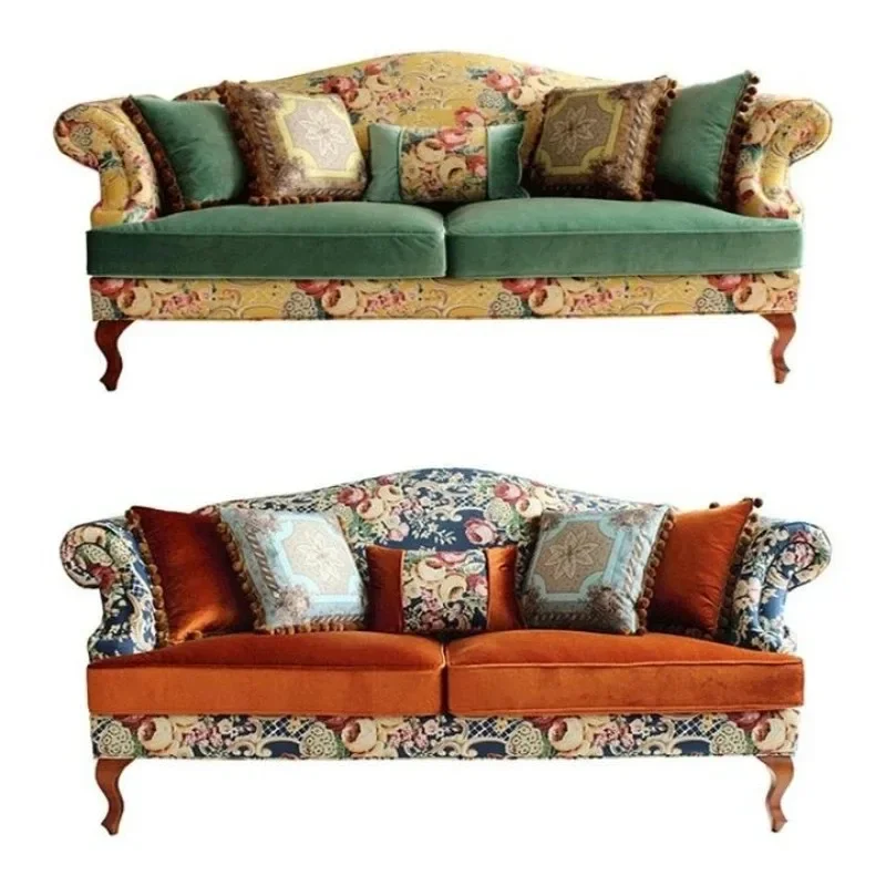 

American country fabric single sofa neo-classical pastoral double trio floral cloth sofa reception tiger chair