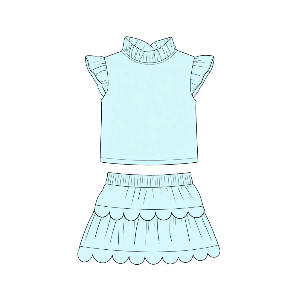 Boutique children's set short-sleeved top ruffled neckline and double-layered fan-shaped hem solid color prints wholesale