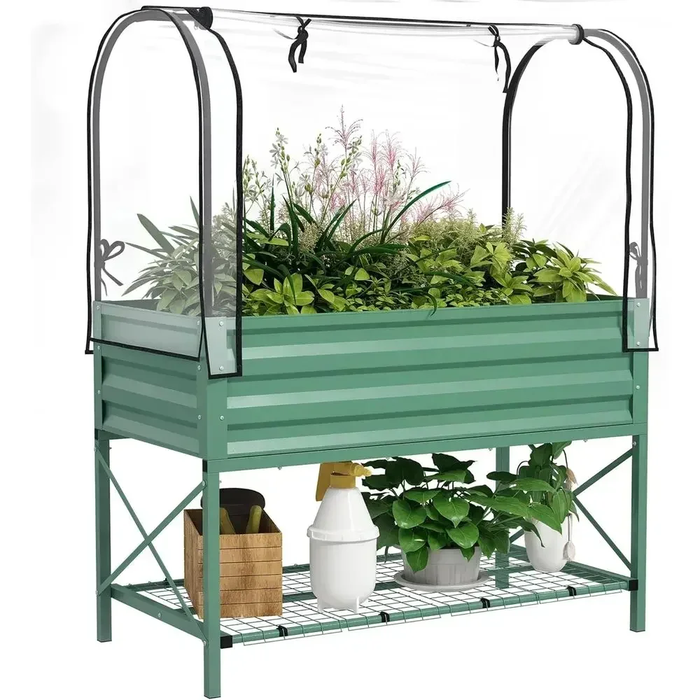 Green Metal Elevated Planter Box with Cover and Storage Shelf for Vegetables, Flowers, and Herbs