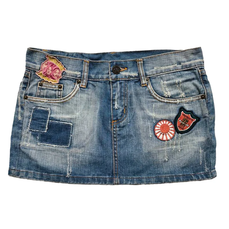 Retro Y2K Low Waist Super Short Denim Skirt with Buckle And Tie Dye for Young Women Vintage Style Wave Pattern Embroidery Spl...