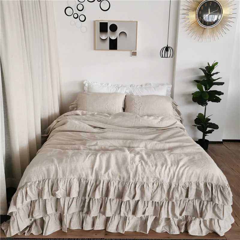 퓨어 린넨 3 단 프릴 침구 세트, 농가 이불 커버, 이불 커버 1 개, 탄성 밴드 장착 시트 1 개, 베갯잇 2 개, 홈 우리