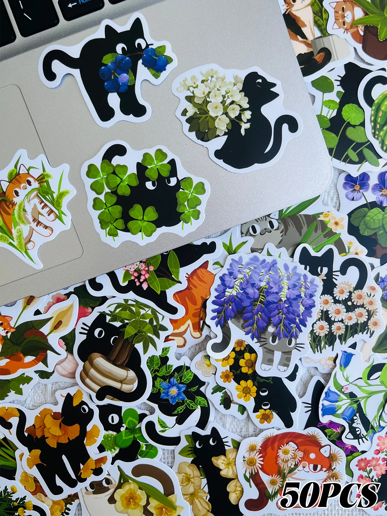 50-Piece Set of Cat-Themed Plant Stickers: Creative DIY Stickers for Scrapbooks, Laptops, Suitcases, Guitars, and Water Bottles