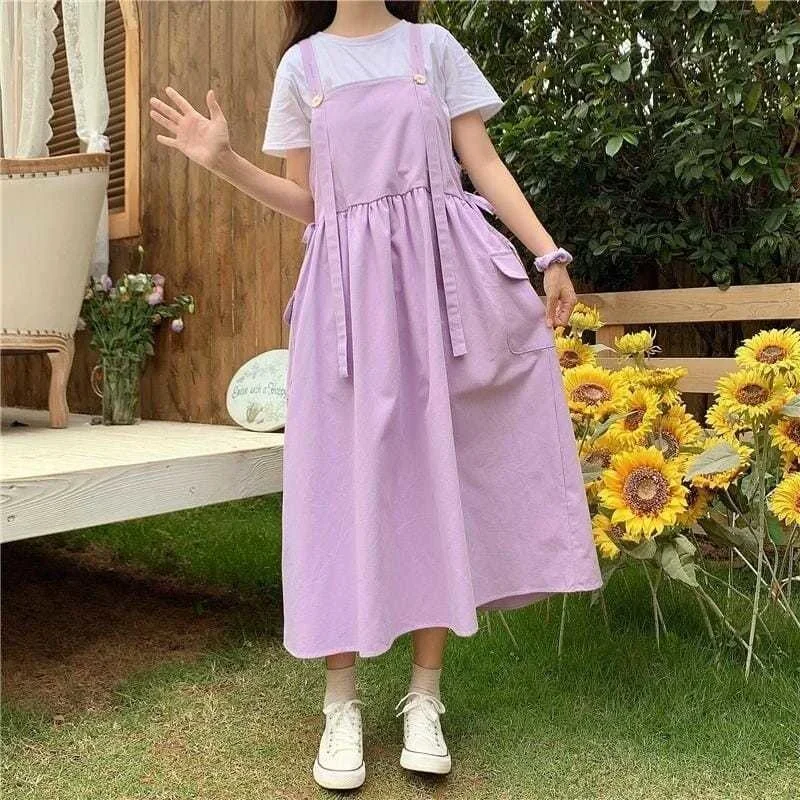 Summer Loose Versatile Mid Length Cute Strap Female Student Plus Size es Vestidos Women Dress