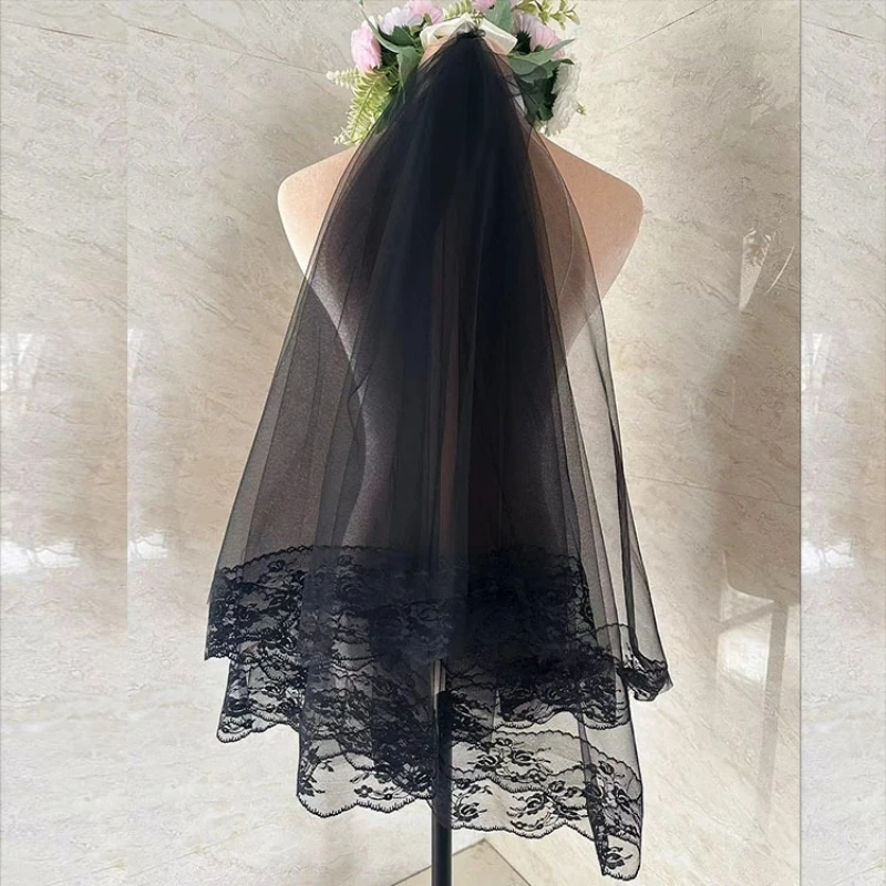 Stock New Black Party Veils Lace Edge Shoulder Length Halloween Prom Occasion Women Veils Wedding Accessories