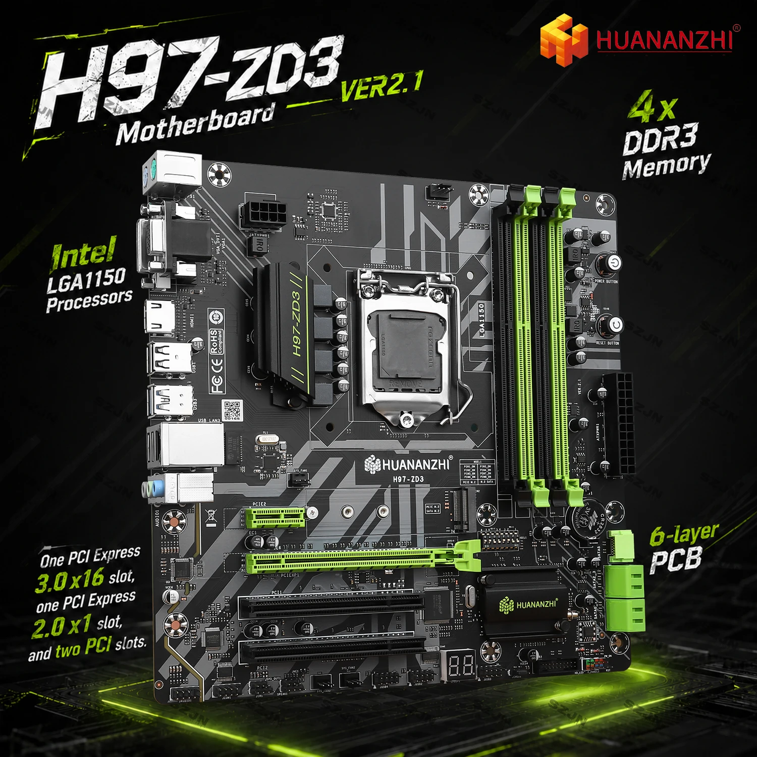 HUANANZHI H97-ZD3 Motherboard Set LGA1150 with Intel Core i5 i7 4th 5th Gen CPU 4*DDR3 Max 32GB Memory M.2 NVMe DIY Kit Chioce