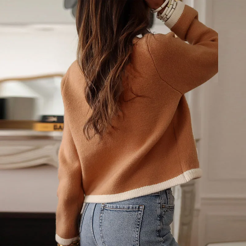 

Осень-зима, новый женский винтажный свитер, пальто, элегантная однобортная верхняя одежда, вязаные кардиганы с длинными рукавами и цветными блоками для отдыха