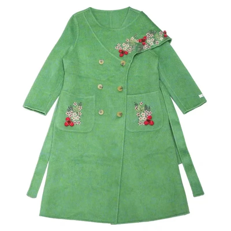 LYNETTE\'S CHINOISERIE Autumn Winter Women Mori Girls Vintage Embroidered Elegant Long Green Woolen Overcoats