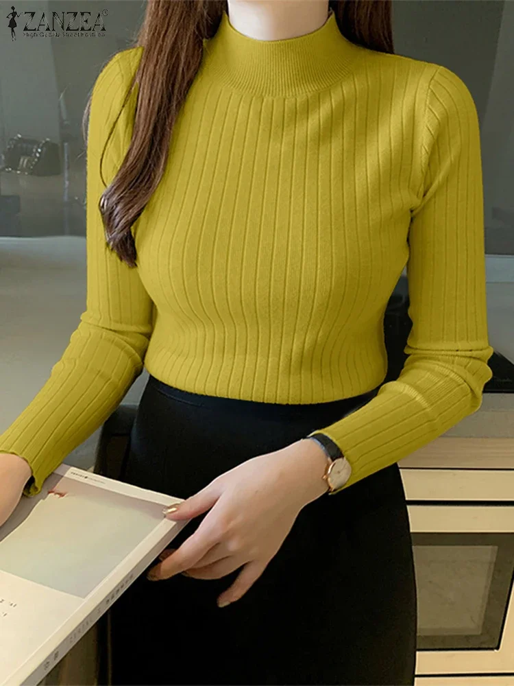ZANZEA Elegant Women's Knitted T-Shirts 2025 Autumn Comfort Mock Neck Long Sleeve Solid Color Short Pullover Sweaters 6 Colors
