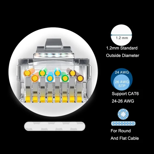 Imagen 2 del producto Conectores de paso COMNEN RJ45 Cat5/6/6A, enchufe Modular, enchufe Modular EZ a engarzado para Cable de red UTP sólido o trenzado