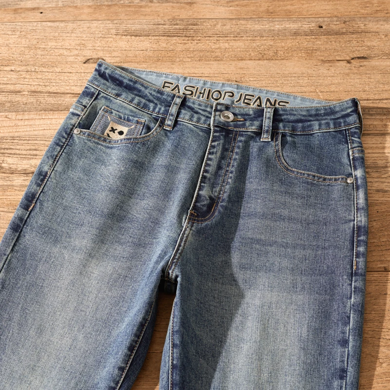 Calça jeans pesada e angustiada masculina, calças justas lavadas, calça lápis, casual, versátil, bordada, nostálgica, longa, retrô, na moda