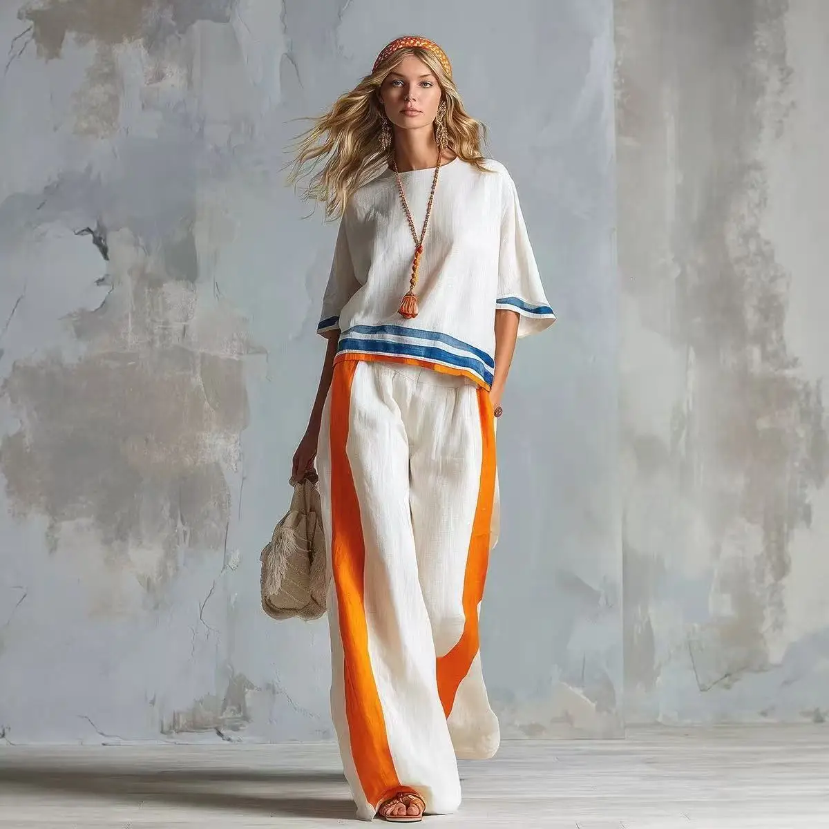Color Block Wide Leg Pants Set for Women Casual Fashion Summer Linen Two-Piece Suit European Style Loose Fit Top And Bottom