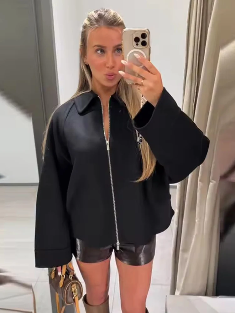 

Женская шерстяная куртка 2022, осень-зима, женское пальто с лацканами и длинными рукавами, свободная женская повседневная верхняя одежда на молнии, женские топы в стиле ретро ﻿