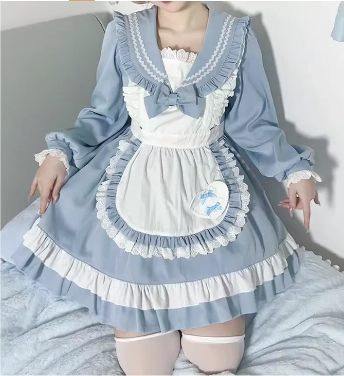 Elegant Japanese Sailor Uniform COS Maid Sweet Navy Collar Lolita Dress High Waist A-line Versatile Age Reduction Party Dresses