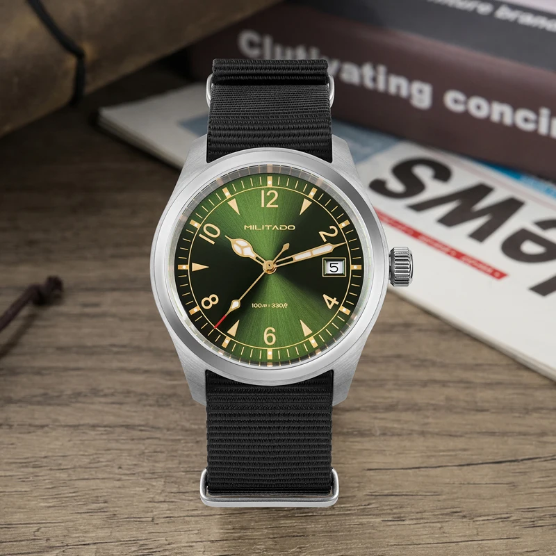 Militado ML08 Quartz Watches VH31/Ronda 515 Movement Sapphire Crystal Vintage Watch 38mm Green Dial 100 Waterproof Mans Watch