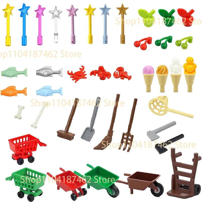 Bloques de Construcción MOC City Food, Herramientas Agrícolas, Carrito de Compras de Frutas, Pescado, Helado, Hueso, Varita Mágica, Accesorios para Figuras, Juguetes DIY, Regalo H22