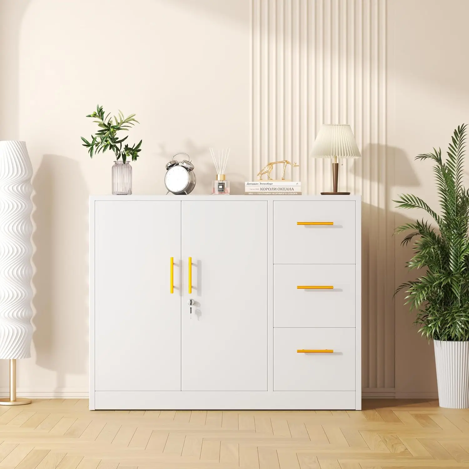 Metal Sideboard Cabinet with 3 Drawers & Shelf, Locking Steel Storage Cupboard for Office Dining  Kitchen, Customized