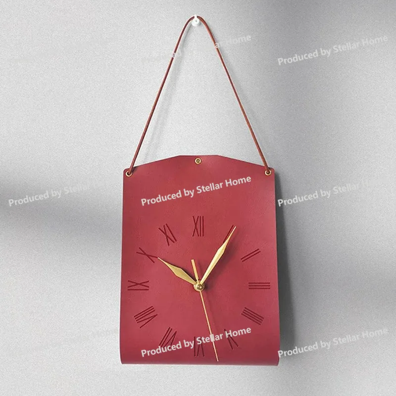 Vintage Literary PU Leather Wall Clock Coffee Shop Study Retro Watch Ornament Nordic Home Leather Wall Clock