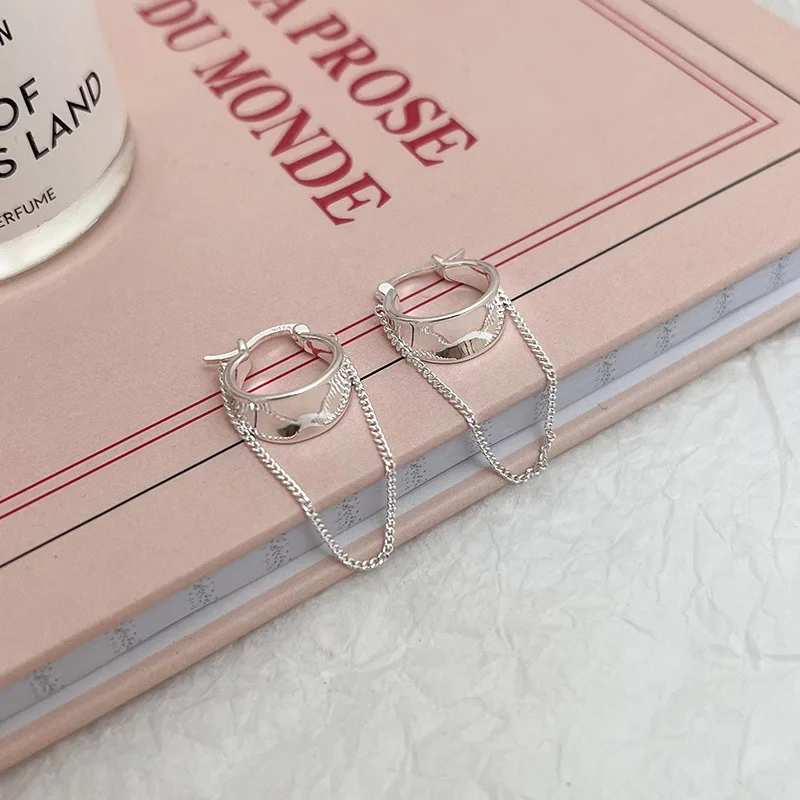 Real Money 925 Sterling Silver Long Tassel Chain Width Hoop Earrings for Women S925 Wedding Party Jewelry Gift Aretes De Mujer