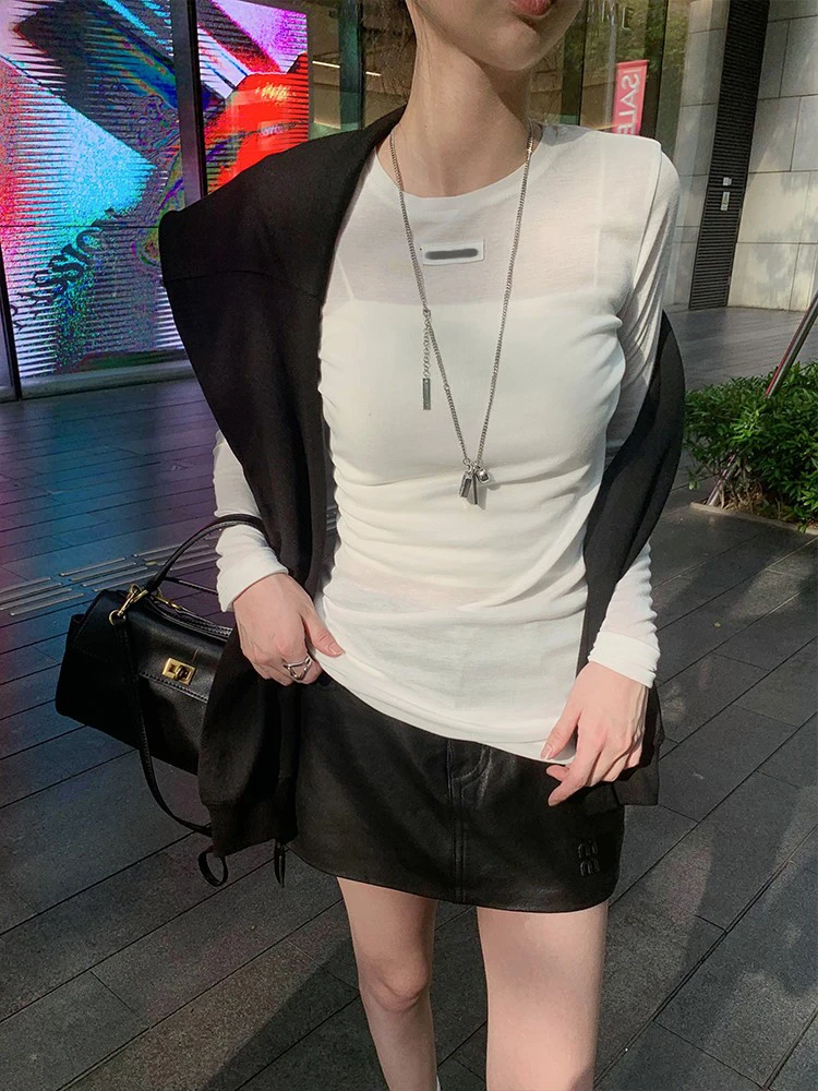

Miu Sle Summer Thin Long Sve Letter T-irt Women's Base irt Outerwear Breathable Cotton Commute Faion Thin pe