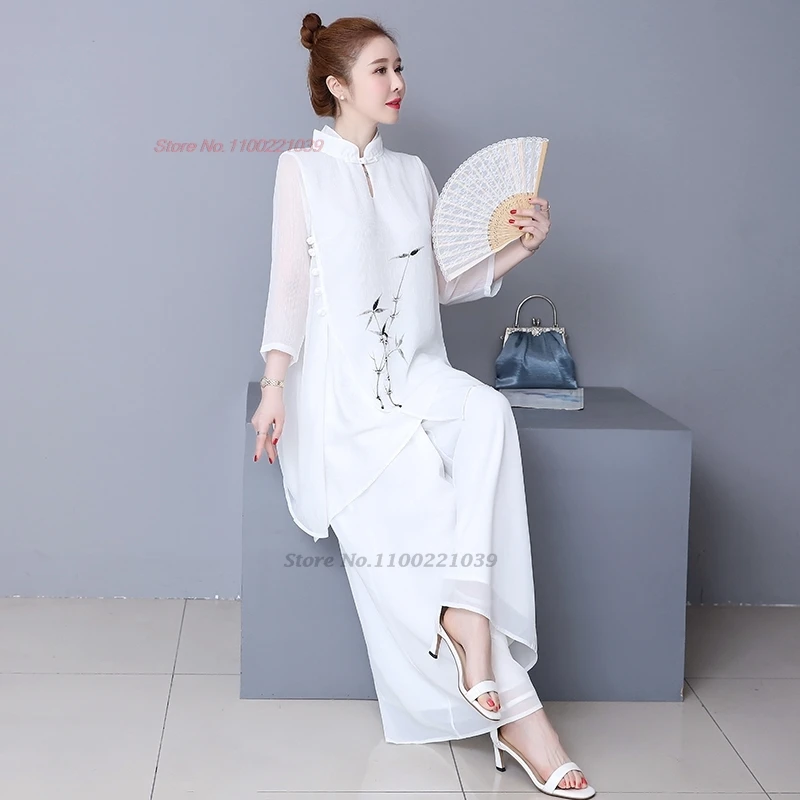 2025 traditionele chinese vintage meditatie set nationale bloemenprint chiffon hanfu tops + broek set oosterse thee service pak