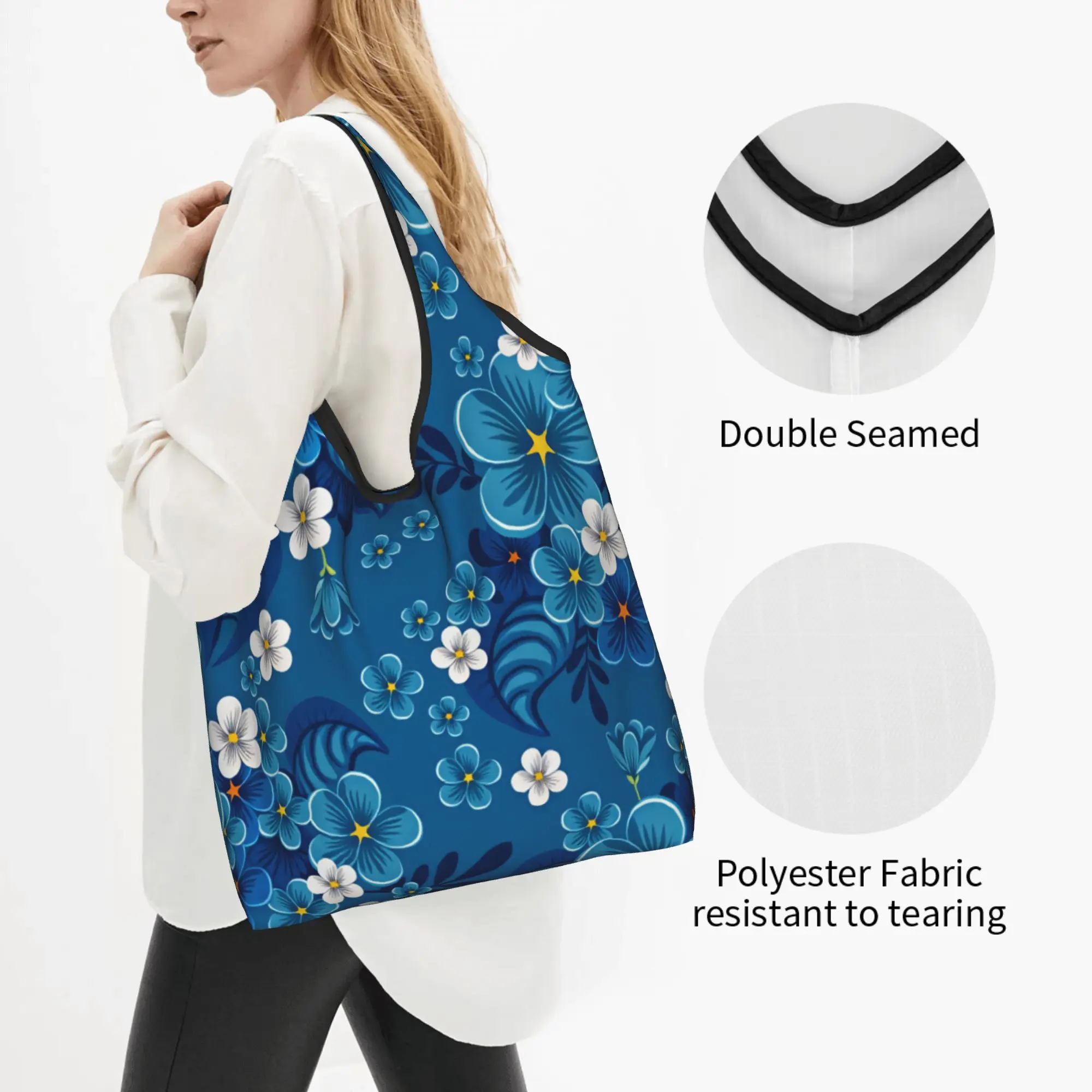 Funny Blue Forget Me Not Flowers Shopping Tote Bag Portable Seamless Floral Pattern Groceries Shoulder Shopper Bag