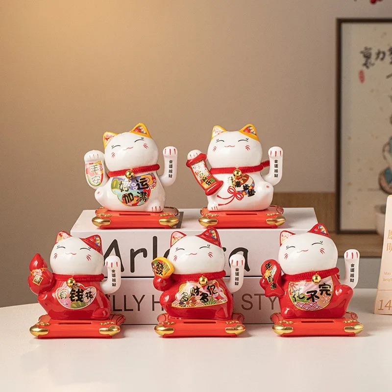 Solar-powered Lucky Cat Waving Figurine Japanese Cartoon Cat Decorative Ornament Shop Lucky Charms for Opening Cashier