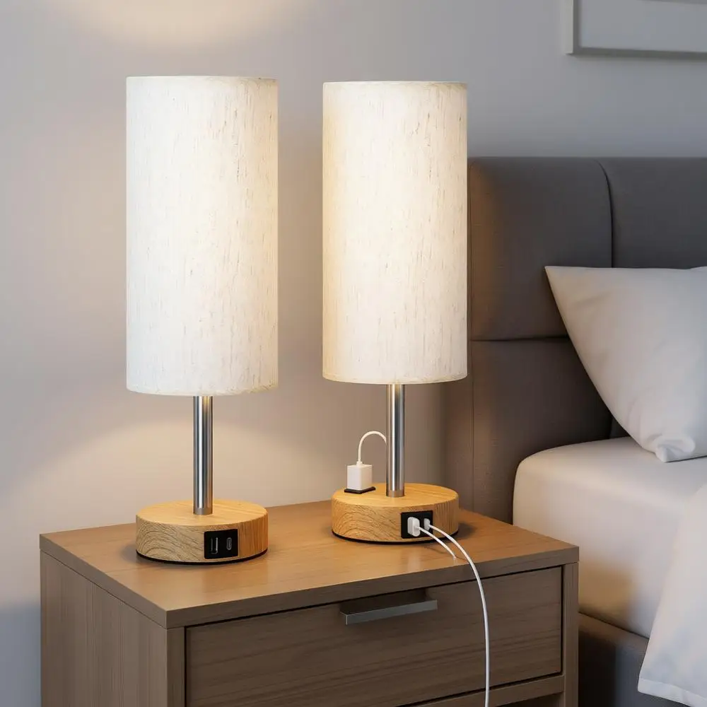 

3 Way Dimmable Bedroom Lamps Set of 2 with USB C and A Ports, Small Nightstand Lamps with AC Outlet, Wood Base Round Shade for O