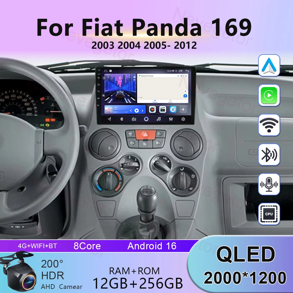 5G WIFI For Fiat Panda 169 2003 2004 2005- 2012 4G Wireless Carplay Android 15 GPS Car Player 2K Multimedia Navigation Video BT