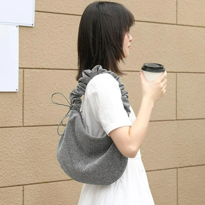 

Korean Drawstring Pleated Tote Hobos Bag Women's Canvas Single Shoulder Underarm Niche Design Crossbody Cloud Bags