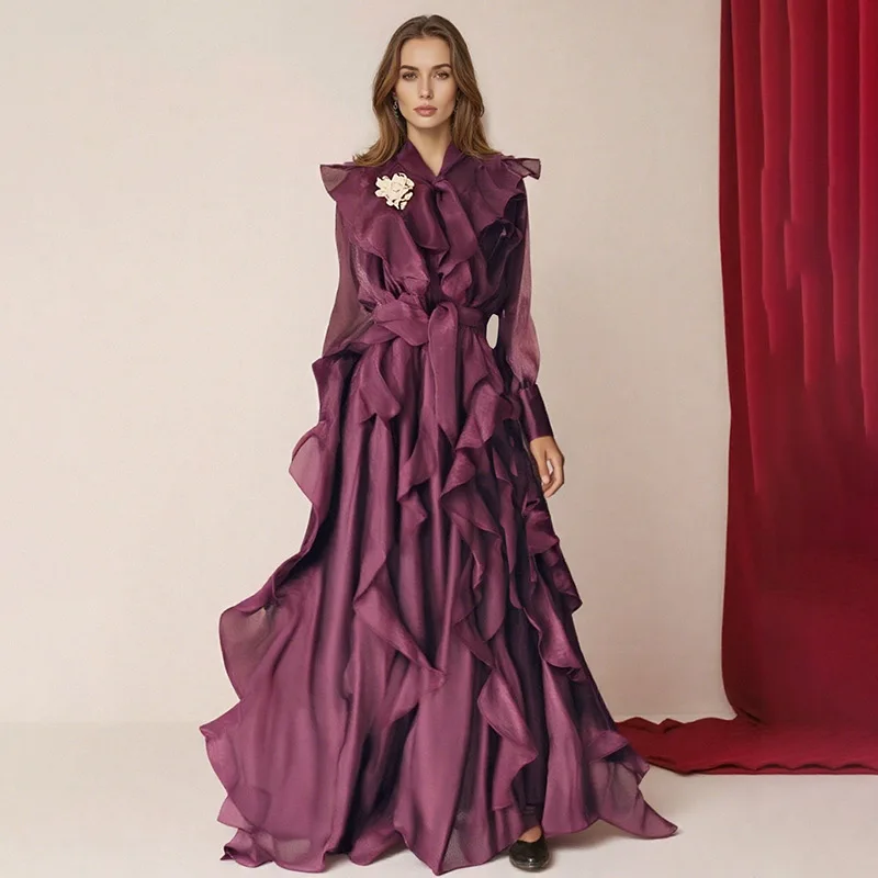 

Women's 2026 Spring New Style Ruffled Tie-Waist Elegant Solid Color Patchwork Dress High-End Long Dress