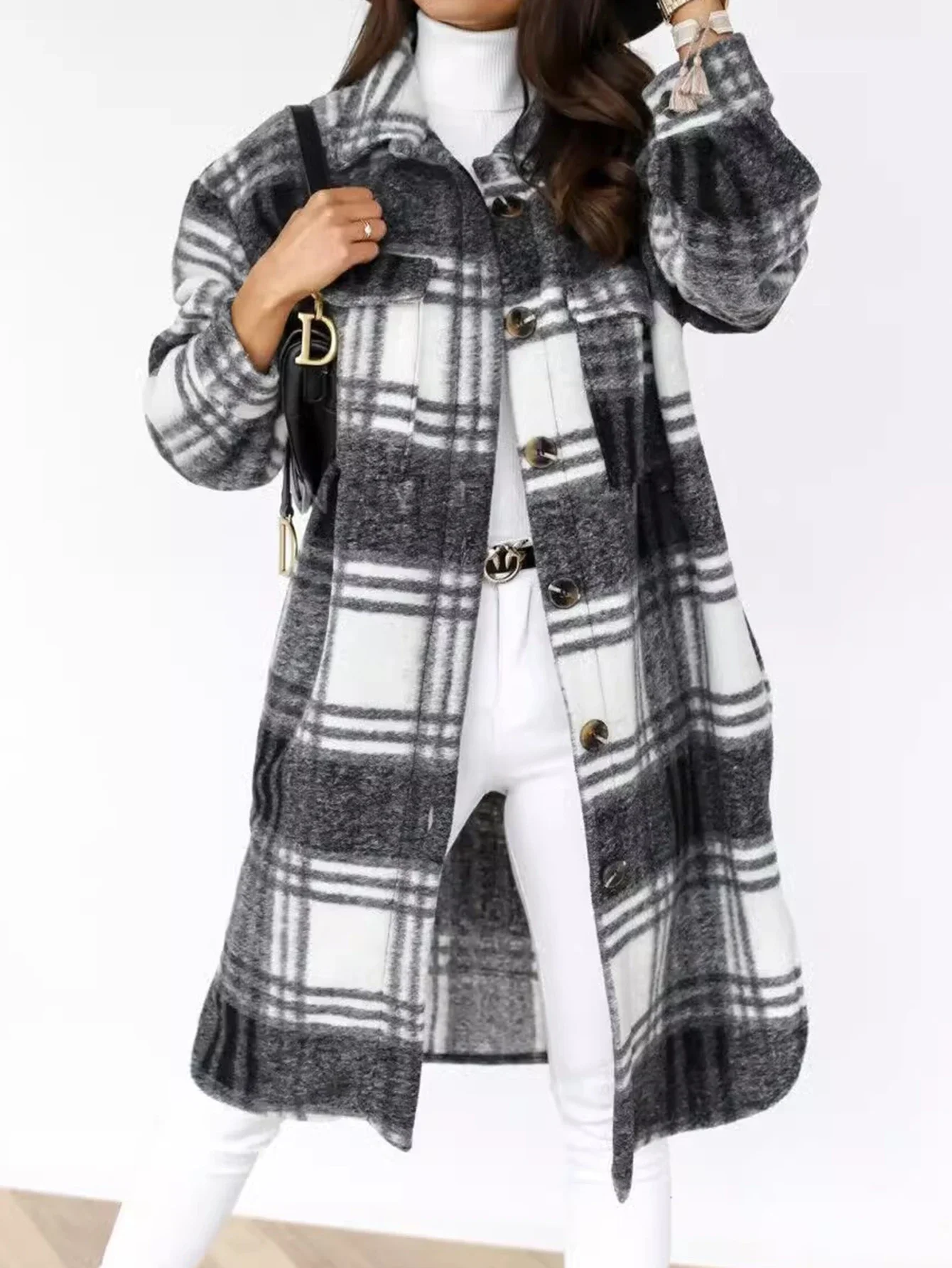

Women's Shirt Coats Winter FashionDecent 2025 Plaid Mid-length Outerwear Minimalism Lapel Long Sleeve Street Daily Coats