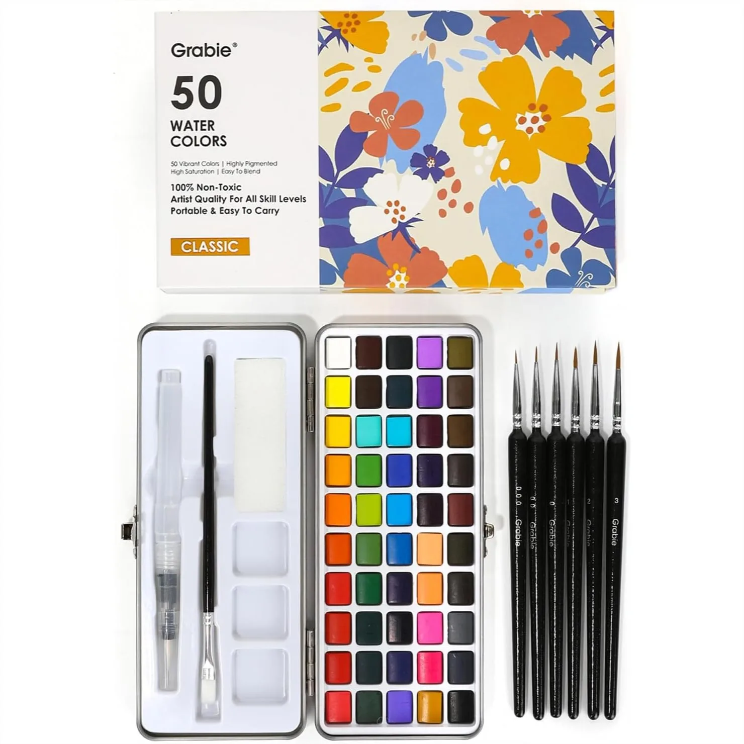 

50 Colors Watercolor Paint Set With 6 Detail Brushes And Mixing Tray For Artists Beginners Travel Painting