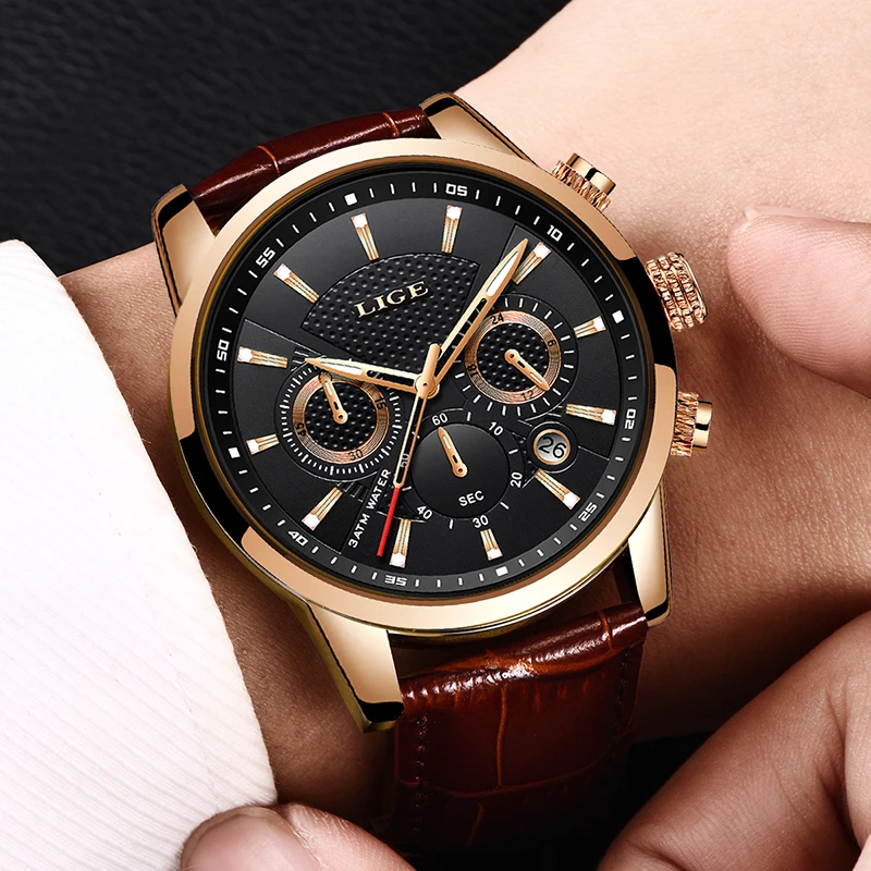 LIGE Waterproof Watches For Men Fashion Sport Quartz Chronograph Men Watch Top Brand Luxury Brown Leather Military Watch Men