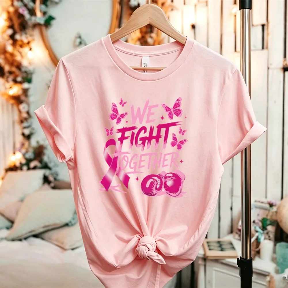 We Fight Together Butterfly Pink Ribbon T-shirt Women Breast Cancer Awareness Warrior Support Inspirational Casual Cotton Tops