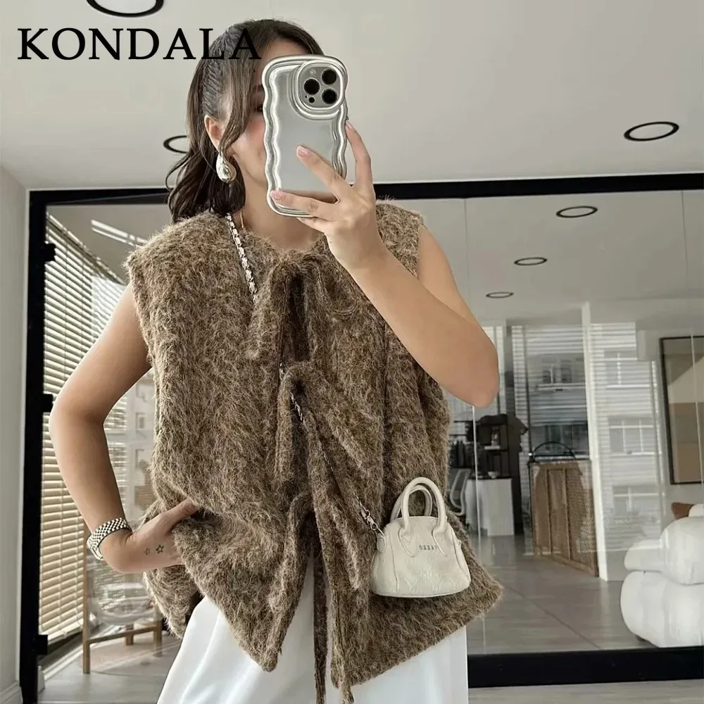 

KONDALA 2025 осень-зима уличная одежда женские жилеты модные винтажные однотонные однотонные с открытой строчкой и круглым вырезом шикарные женские жилеты без рукавов