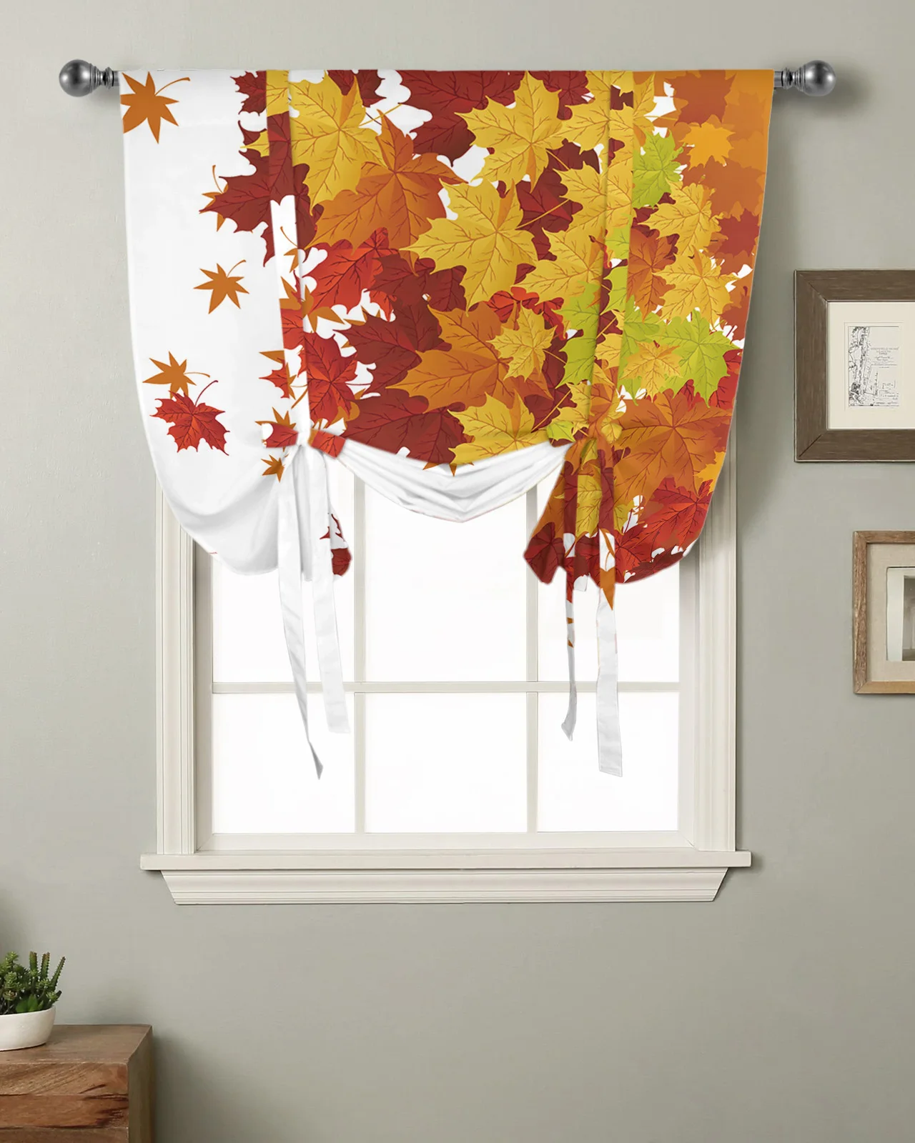 

Autumn Maple Leaves Gradient Kitchen Short Window Curtain Rod Pocket Curtains Home Decor Room Small Window Roman Tie Up Curtains