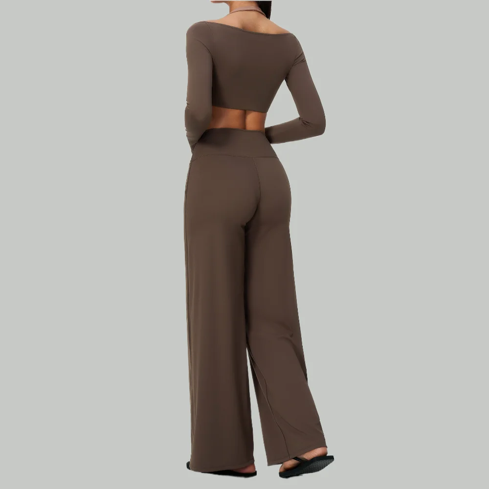 2 Piece Women Tracksuit Fitness Set Workout Outfit Gym Clothing Yoga Set Sportswear Long Sleeve Top Wide Leg Pants Athletic Wear