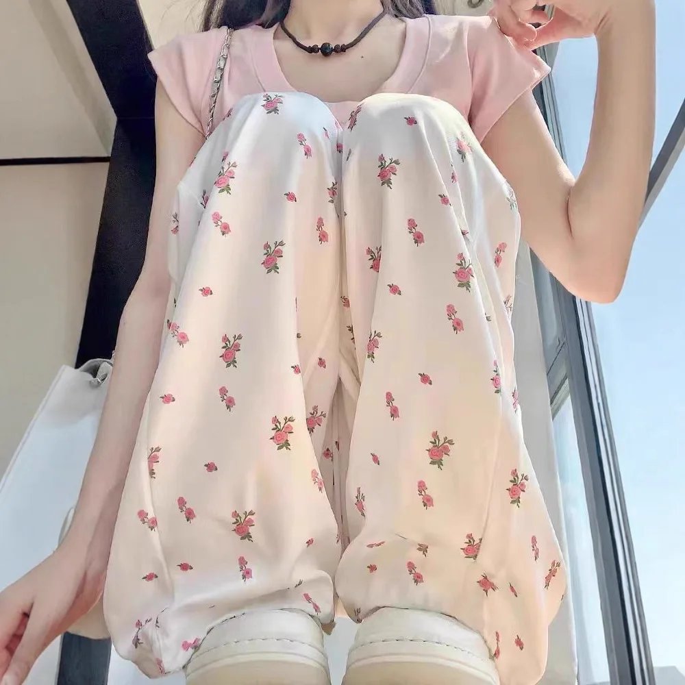 

Japanese Sweet Girl Floral Casual Pants for Women Summer Korean Fashion Women's Loose Wide Leg Pants Sweatpants Streetwear