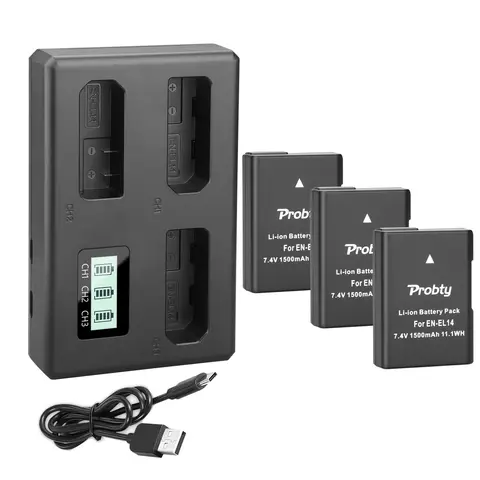 Batteria EN-EL14 EN-EL14a da 1500 mAh con caricabatterie a 3 canali per Nikon Coolpix P7000, P7100, P7700, P7800, D3100, D3200, D3300, D3400