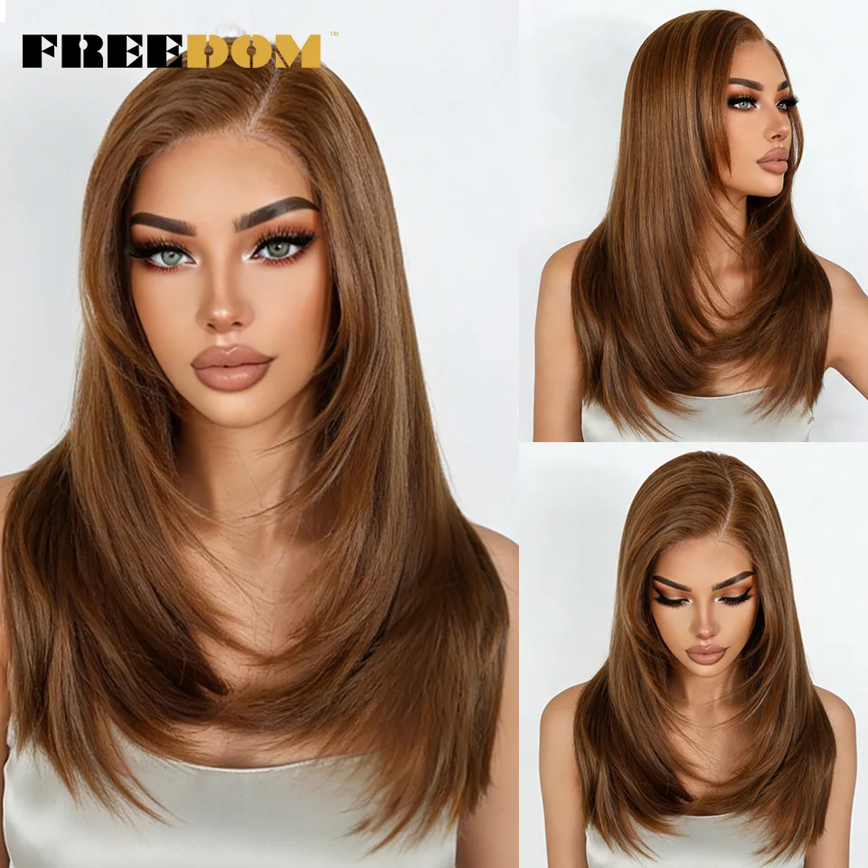 Synthetische Lace-Front-Perücken für Frauen, 18 Zoll, Seitenscheitel, vorgezupfte, gerade, geschichtete Lace-Perücke, Ombre Braun Blond, Perücke für den täglichen Gebrauch – Detail 5