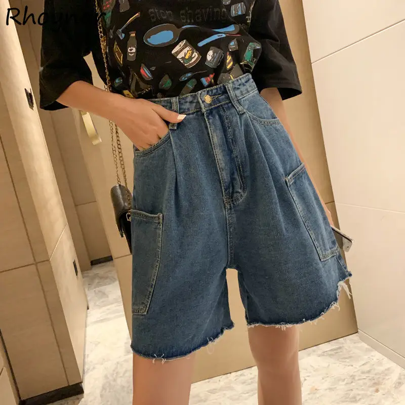 

Denim Shorts Women High Waist Solid Vintage Ripped Pockets New Chic Summer Korean Version Holiday Cozy College Stylish Daily Ins