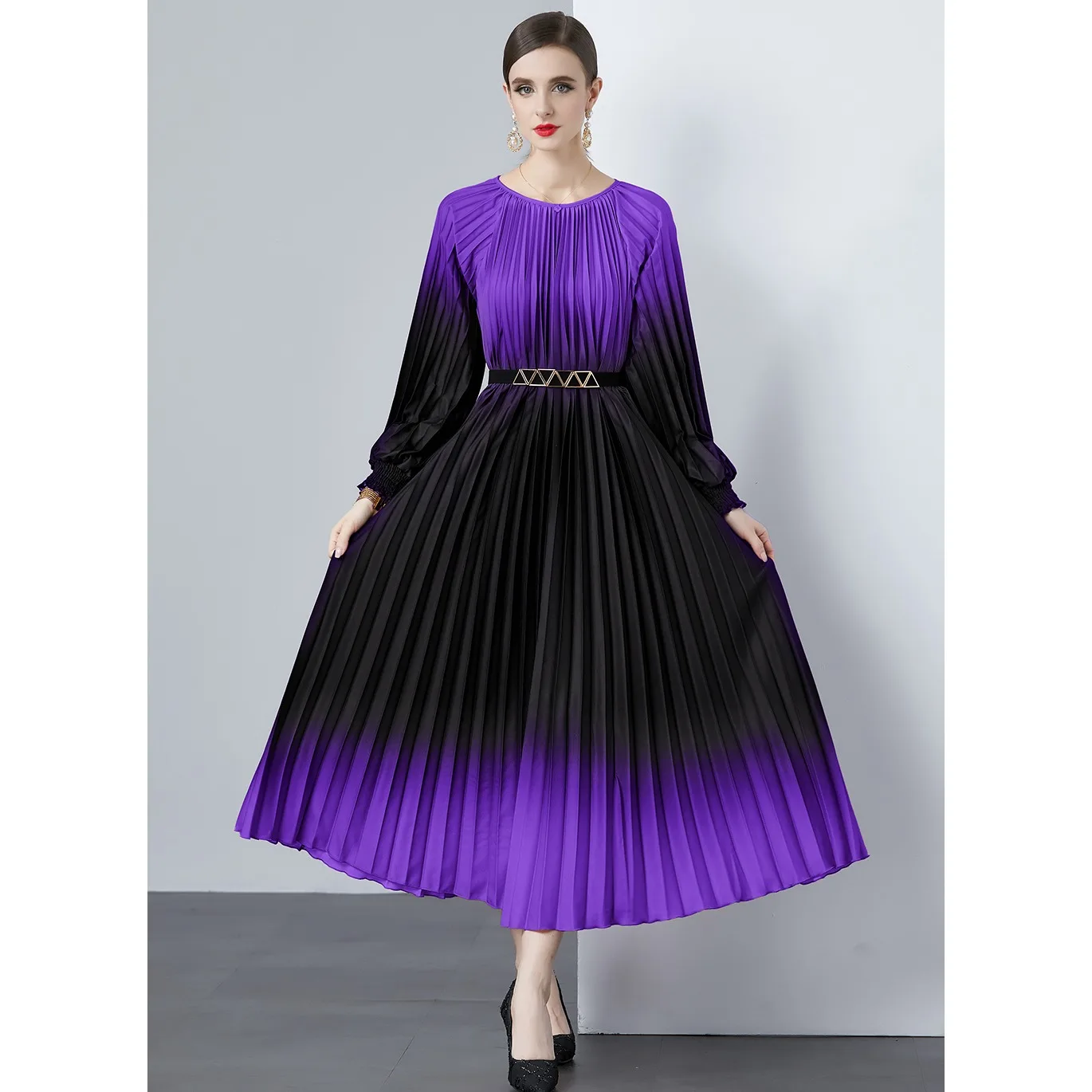 2024 신상 여성 드레스 아코디언 플리츠 슈퍼 롱 스커트 루즈핏 허리 라운드넥 X라인 미디 기장 폴리에스터 섬유